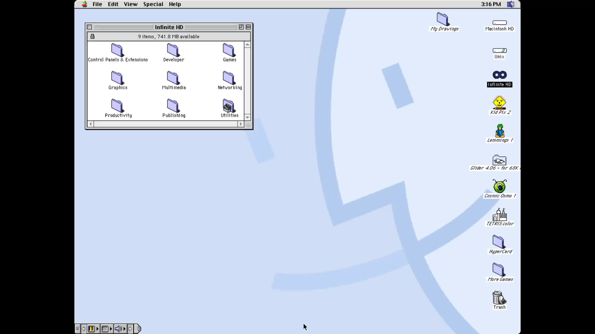 The curated kid-Desktop on the Chimebox after a factory-reset: Kid Pix, Oregon Trail, MacPaint, and a Kid's Drawings folder visible
