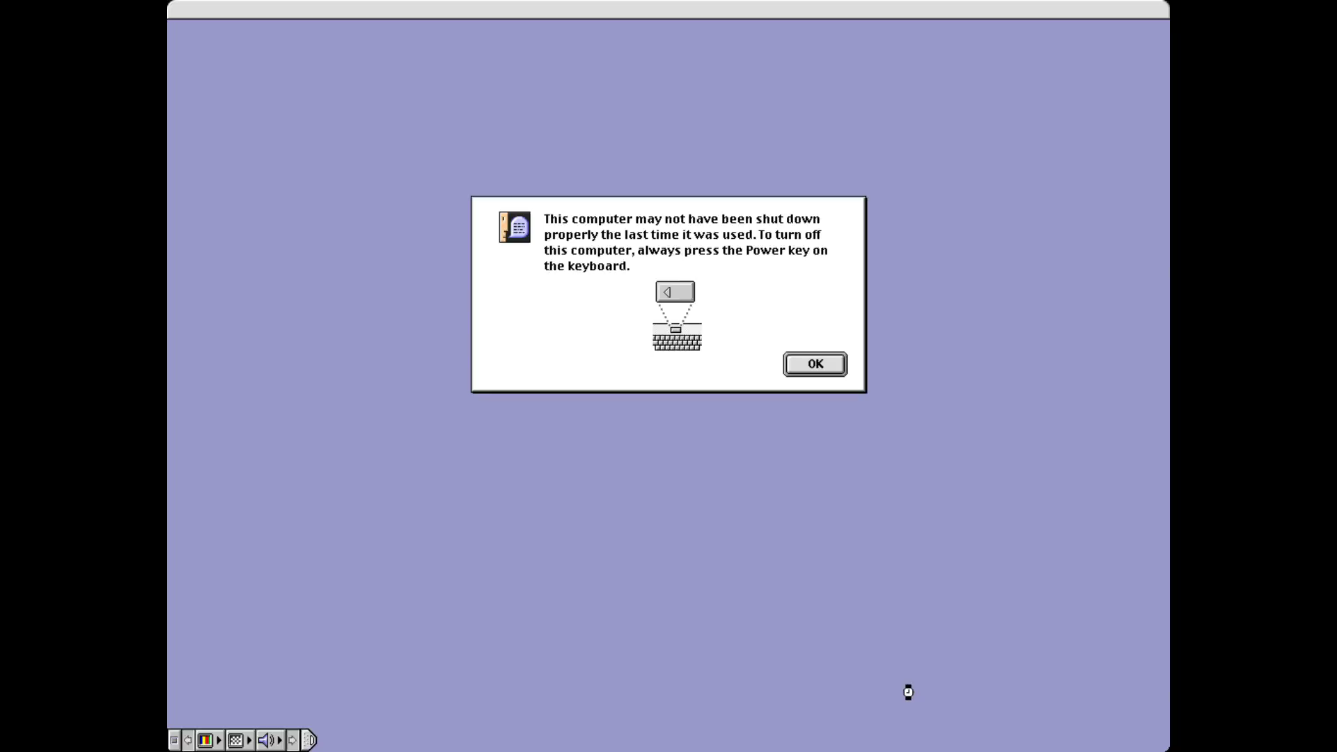 The 'Mac OS was not shut down properly' dialog from Mac OS 8.1, the symptom this section's whole story is about